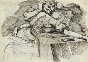 Kobieta mdlejąca przy biurku z groźną postacią z tyłu autorstwa Johann Heinrich Füssli