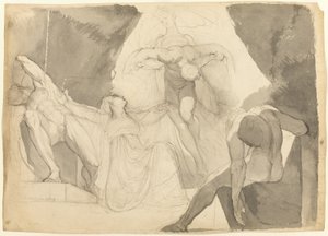 Wspomagany przez Eeriboia, Hermes przenosi wyczerpanego Aresa ze śpiących synów Aloeusa (odbyt); Szkic jednego ze śpiących synów Aloeusa (verso) autorstwa Johann Heinrich Füssli