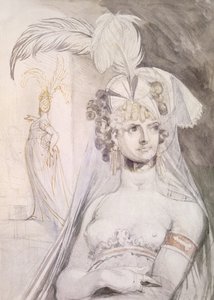 Półpostać kurtyzany z piórami, kokardą i welonem we włosach, 1800-10 (ołówek, toaleta i atrament na papierze) autorstwa Johann Heinrich Füssli