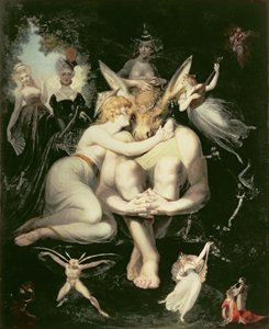 Titania Awakes, Otoczona przez Attendant Fairies, kurczowo czepia się Dna, wciąż nosząc Głowę Osiołka, 1793-4 autorstwa Johann Heinrich Füssli