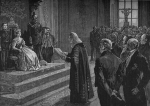 Pares and Commoners wygłaszający patriotyczne przemówienie do królowej w przeddzień wojny krymskiej, 1891 autorstwa Henry Gillard Glindoni