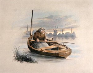 Skaczący węgorz, Battersea, z zestawu sześciu obrazów Wędkarstwa (lito ręcznie kolorowane)