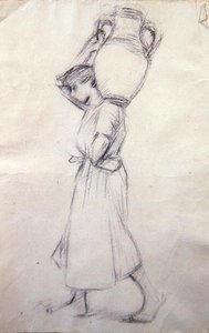 Szkic do „Dziewczyny ze słoikami” (ołówek na papierze) autorstwa Henry Herbert La Thangue