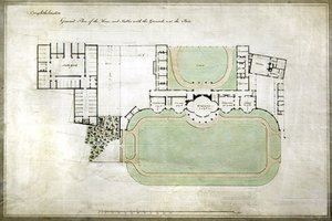 Brighthelmstone, czyli Brighton Pavilion - ogólny plan domu i stajni wraz z terenem, z dobudówką przez architekta Henry