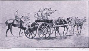 Polowy wózek telegraficzny z książki After Pretoria: The Guerilla War wydanej przez Harmsworth Bros Limited, 1901 autorstwa Henry Inglis Jodrel Sheldon Williams