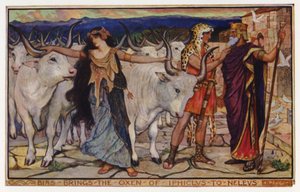 Bias przynosi woły Iphiclus do Neleusa (kolor lito) autorstwa Henry Justice Ford