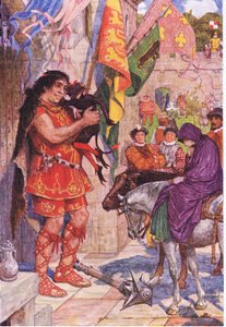 Flibbertigibbet przebrany za diabła uspokaja olbrzyma, gdy Wayland przyprowadza Amy do zamku Kenilworth, ilustracja z Kenilworth, ok. 1910 autorstwa Henry Justice Ford