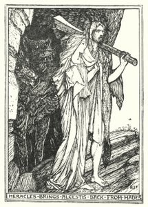 Herakles sprowadza Alkestis z Hadesu (lito) autorstwa Henry Justice Ford