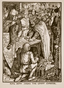 Król Jan śpiewa Wielką Kartę, ilustracja z "Historii Anglii" C.R.L. Fletchera i Rudyarda Kiplinga, 1911 r. autorstwa Henry Justice Ford
