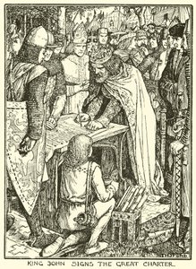 Magna Carta. Król Jan podpisuje Wielką Kartę (rycina) autorstwa Henry Justice Ford