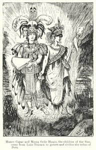 Manco Capac i Mama Ocllo Huaco, dzieci Słońca, przybywają znad jeziora Titicaca, by rządzić i cywilizować plemiona ... (litografia) autorstwa Henry Justice Ford