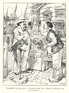 "Monsieur Dumas, czy mogę ugościć pana moją małpką i papugą" (rycina) autorstwa Henry Justice Ford