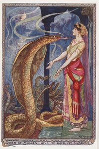Królowo węży, oddaj mi mojego męża, ilustracja z książki Andrew Laing, The Olive Fairy Book, 1907 autorstwa Henry Justice Ford