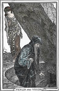 Przedstawienie Merlina Zaklinacza i Fee Viviane (Merlin anc Vivien) Ilustracja: Henry Justice (HJ) Ford (1860-1941) z „Księgi romansów”” 1902 Kolekcja privee autorstwa Henry Justice Ford