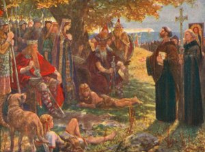 Augustyn głoszący kazanie Ethelbertowi, królowi Kentu, pokazujący mu krzyż i obraz Zbawiciela (kolorowa litografia) autorstwa Henry Justice Ford
