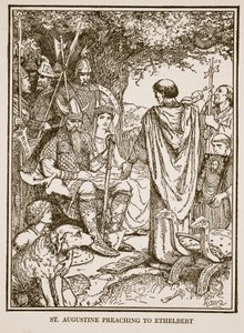 Św. Augustyn przemawia do Ethelberta, ilustracja z „Historii Anglii” autorstwa C.R.L. Fletcher i Rudyard Kipling autorstwa Henry Justice Ford