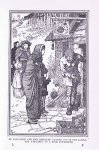 Św. Elżbieta i jej dzieci, wyprowadzona z zamku i przywitana przez biednego karczmarza, 1912 autorstwa Henry Justice Ford