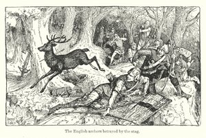 Angielscy łucznicy zdradzeni przez jelenia (litografia) autorstwa Henry Justice Ford