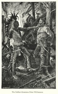 Indianin grozi Peterowi Williamsonowi (litografia) autorstwa Henry Justice Ford