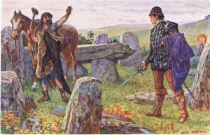 Tresilian konfrontuje się z tajemniczym kowalem, ilustracja z Kenilworth, ok. 1910 autorstwa Henry Justice Ford