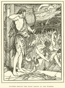 Ulisses wystrzeliwuje pierwszą strzałę w Wooers autorstwa Henry Justice Ford