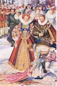 Walter Raleigh poświęca swój płaszcz dla królowej Elżbiety, ilustracja z Kenilworth, ok. 1910 autorstwa Henry Justice Ford