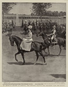Przegląd cesarski w Szczecinie, cesarzowa prowadzi swój regiment przed cesarzem autorstwa Henry Marriott Paget