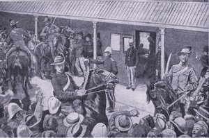 Wzmocnienia kolonialne dla Republiki Południowej Afryki: Napływ kandydatów do rekrutacji do Sydney z książki After Pretoria: The Guerilla War wydanej przez Harmsworth Brothers Limited, 1901 autorstwa Henry Marriott Paget