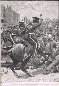 Masakra w Peterloo z Huzarami szarżującymi na ludzi, ilustracja z "Ilustrowanej historii Anglii" Cassella, wydanej ok. 1910 r. autorstwa Henry Marriott Paget