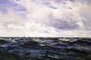 "Pejzaż morski ze znakiem łodzi po lewej stronie i kutrem w środku wyścigu po prawej, oba przedstawione z bardzo dużej odległości. autorstwa Henry Moore