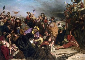 Pożegnanie imigrantów, w doku na Tamizie (Anglia), opis grup ludzi w różnym wieku i z różnych klas społecznych, a także marynarzy w czerwonych i niebieskich koszulach na łodzi machających do tłumu. autorstwa Henry Nelson O