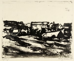 Pagórkowaty krajobraz z domami autorstwa Henry Nielsen