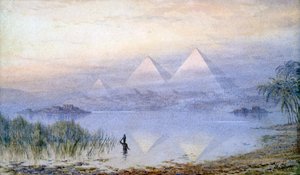 „Piramidy podczas powodzi na Nilu”, Egipt, 1888 r. autorstwa Henry Noel Shore