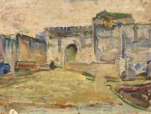 Scena uliczna, Tanger, architektura krenelażowa, ca. 1910.