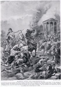 Atak Boadicei na Camulodunum, ilustracja z „Historii Narodów Hutchinsona”, c.1910 autorstwa Henry Payne