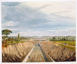 „W pobliżu Liverpoolu, patrząc w kierunku Manchesteru”, Liverpool i Manchester Railway, 1833 r.