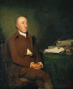 Portret dr Jamesa Huttona, siedzącego trzy czwarte długości w brązowej marynarce i spodniach i białym kolbie, stos okazów geologicznych na stole obok niego, autorstwa Henry Raeburn
