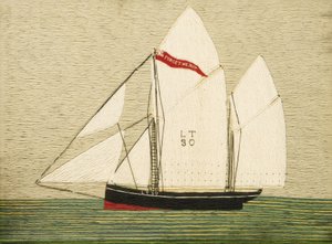Trawler "Forget Me Not", zbudowany w 1883 r. w Brixham (Anglia). Haft na wełnie, przed 1909 r., wykonany przez Henry