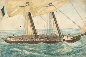 Portugalski handlarz niewolników Diligenté schwytany przez H.M. Slup Pearl z 600 niewolnikami na pokładzie, maj 1838. autorstwa Henry Samuel Hawker