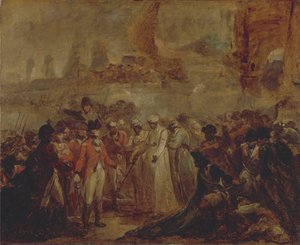 Poddanie się dwóch synów Tipu Sahiba, sułtana Majsuru, sir Davidowi Bairdowi autorstwa Henry Singleton
