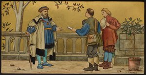 Sprawiedliwość, tablica przedstawiająca ilustrację z Siedmiu Wieków Szekspira, wyroby Minton, Staffordshire, 1874 (ceramika emaliowana)