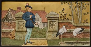 Kochanek, tablica przedstawiająca ilustrację z Siedmiu Wieków Szekspira, wyroby Minton, Staffordshire, 1874 (ceramika emaliowana)