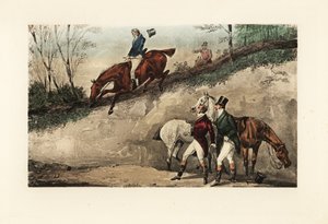 Angielski dżentelmen na koniu skaczący ze stromego nasypu autorstwa Henry Thomas Alken