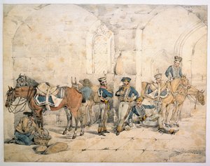 Hussars na półwyspie, prawdopodobnie 1. Hussars, niemiecki legion królewski, 1808 ok. autorstwa Henry Thomas Alken