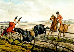 Błędna ocena skoku, tablica z „Wykwalifikowane konie i niewykwalifikowani jeźdźcy” autorstwa Henry Thomas Alken