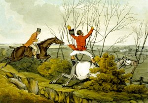 Przebijając się przez żywopłot, z „Wykwalifikowanych koni i niewykwalifikowanych jeźdźców” autorstwa Henry Thomas Alken