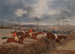 Sceny z gonitwy z przeszkodami: Zagrożenie żywopłotem, ok. godz. 1845. autorstwa Henry Thomas Alken