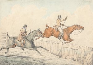 Dwóch jeźdźców przeskakujących przez drewniany płot autorstwa Henry Thomas Alken