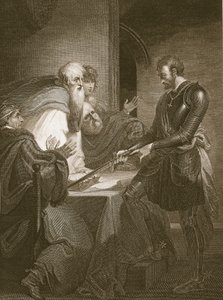 Hrabia Warenne uzasadniający tytuły własności swoich posiadłości, rycina J. Fittlera, ilustracja z "Historii Anglii" Davida Hume