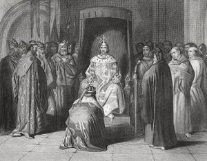 Król Ryszard II pasujący na rycerzy królów Connaught, Ulster, Thomond i Leinster w 1394 r., „Historia Irlandii” Thomasa Wrighta, opublikowana ok. 1854 r.